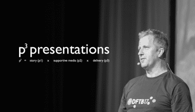 A black and white photo of me giving a talk on stage at an event. p3 presentations is written to the left, as well as the categories my latest posts are separated into.