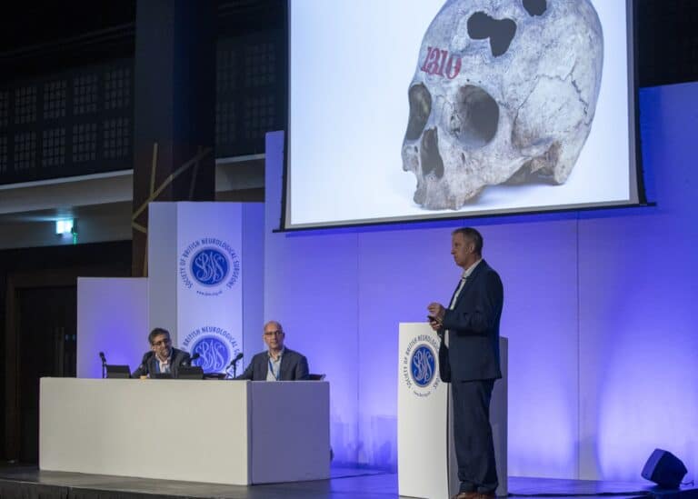 A skull presentation at a medical or scientific conference.