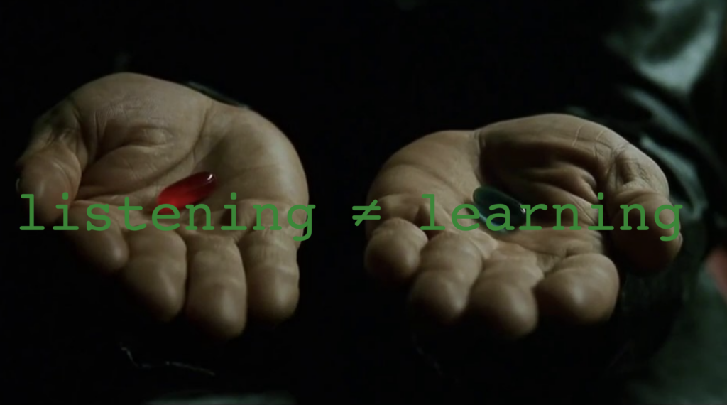 A choice is offered between a red pill and blue pill. Overlaid is the statement that reading out powerpoint doe not equate to teaching.